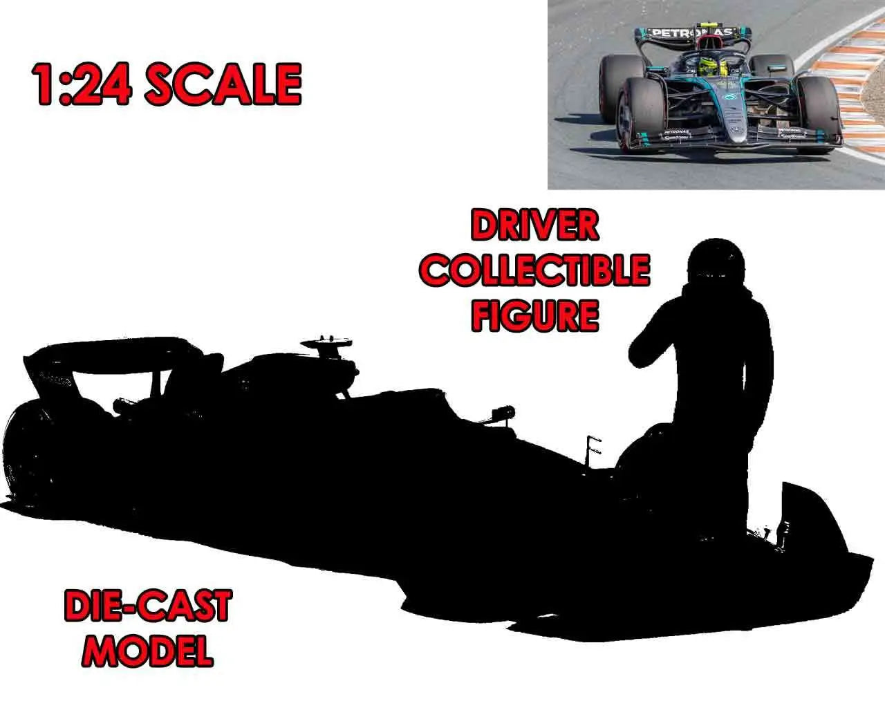 F1 MERCEDES W15 E PERFOMANCE 2023 WITH RUSSEL FIGURE - 1:24 DIE-CAST MODEL