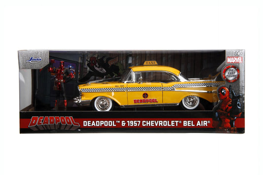 MARVEL DEADPOOL 1975 CHEVROLET YELLOW TAXI BEL AIR & DEADPOOL 1/24 DIE-CAST MODEL