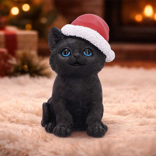 BLACK CAT WITH SANTA HAT FIGURE