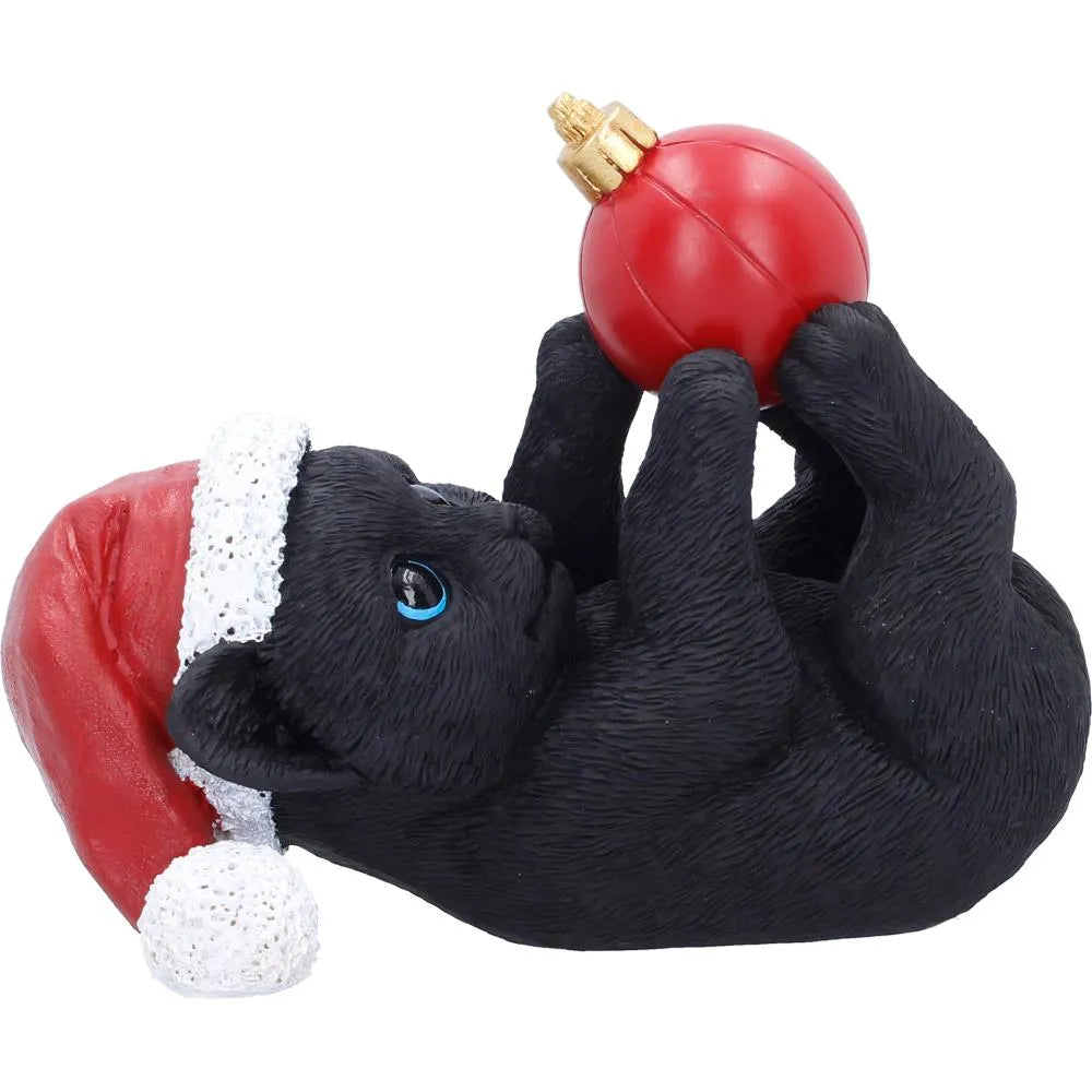 BLACK CAT IN SANTA HAT PLAYING WITH BAUBLE FIGURE