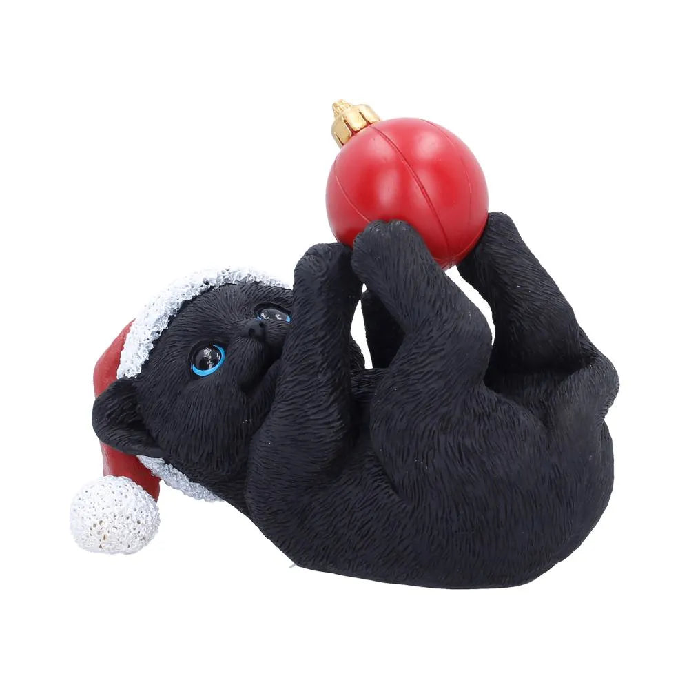 BLACK CAT IN SANTA HAT PLAYING WITH BAUBLE FIGURE