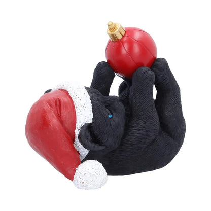 BLACK CAT IN SANTA HAT PLAYING WITH BAUBLE FIGURE