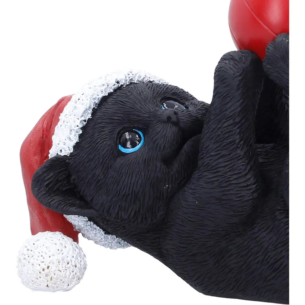 BLACK CAT IN SANTA HAT PLAYING WITH BAUBLE FIGURE