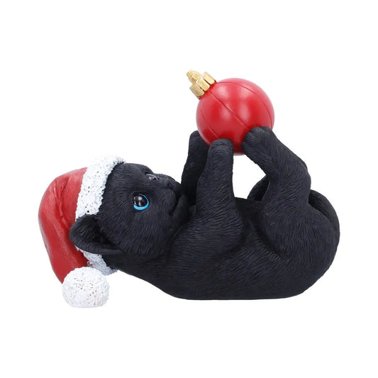 BLACK CAT IN SANTA HAT PLAYING WITH BAUBLE FIGURE