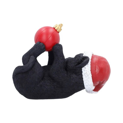 BLACK CAT IN SANTA HAT PLAYING WITH BAUBLE FIGURE