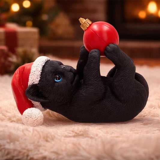 BLACK CAT IN SANTA HAT PLAYING WITH BAUBLE FIGURE