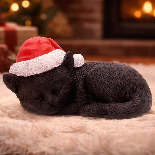 BLACK CAT SLEEPING WITH SANTA HAT FIGURE